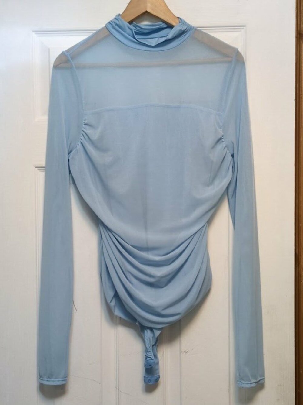 Y2K Light Powder Blue Mesh Turtleneck Bodysuit Ruched Going Out Sheer Top Sz L